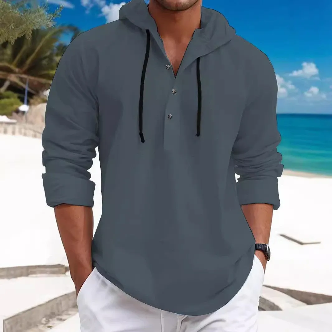 MEN'S PEARL COTTON LONG SLEEVED HOODED SOLID COLOR HOODIE WITH HALF OPEN COLLAR AND DRAWSTRING