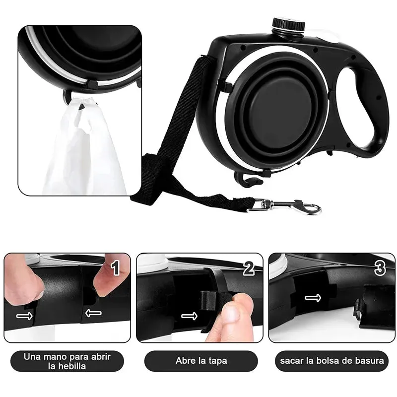 Multifunction Dog Leash with Built-In Water Bottle Bowl Waste Bag Dispenser