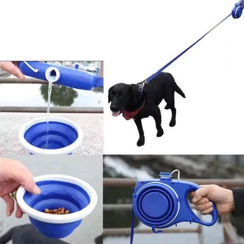 Multifunction Dog Leash with Built-In Water Bottle Bowl Waste Bag Dispenser