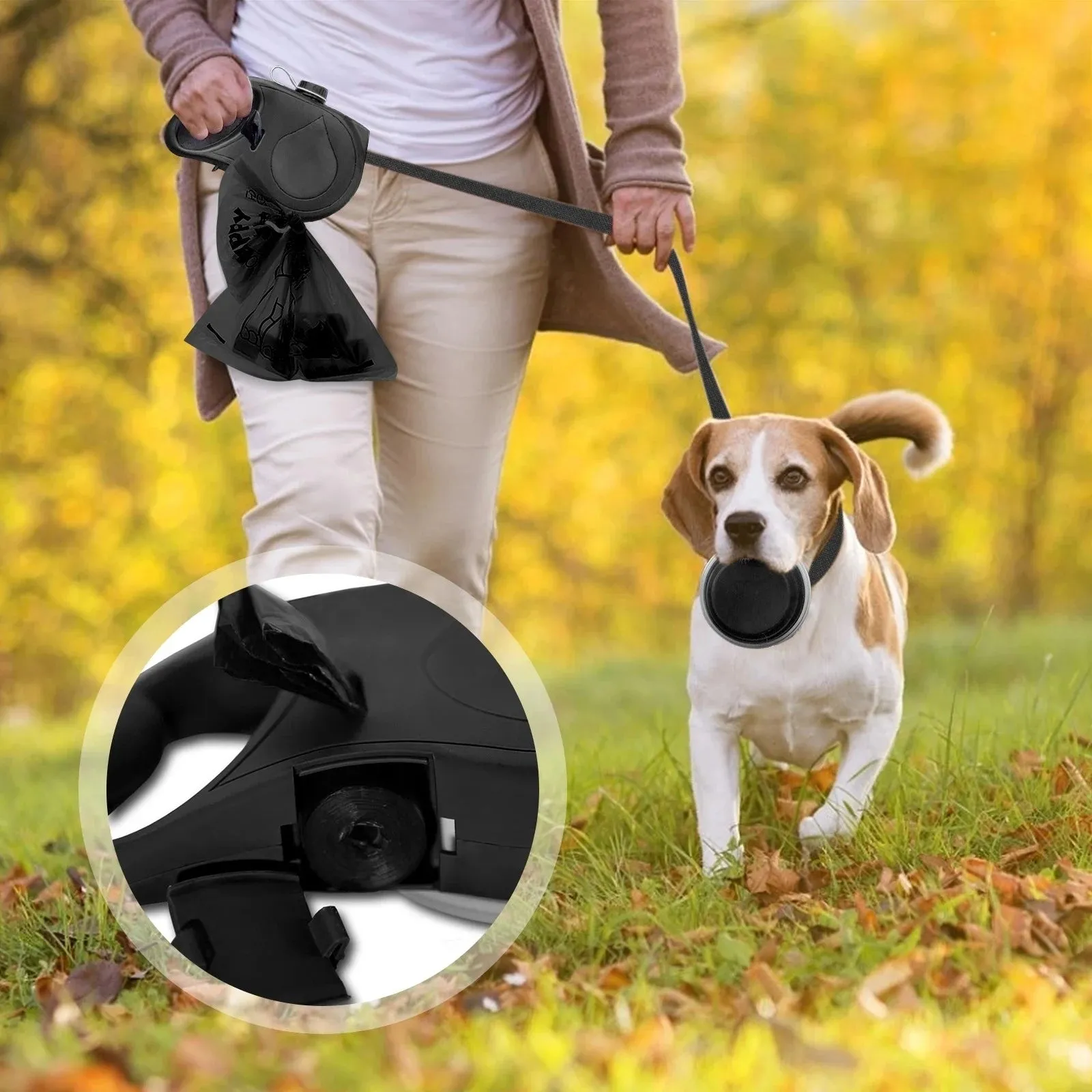 Multifunction Dog Leash with Built-In Water Bottle Bowl Waste Bag Dispenser