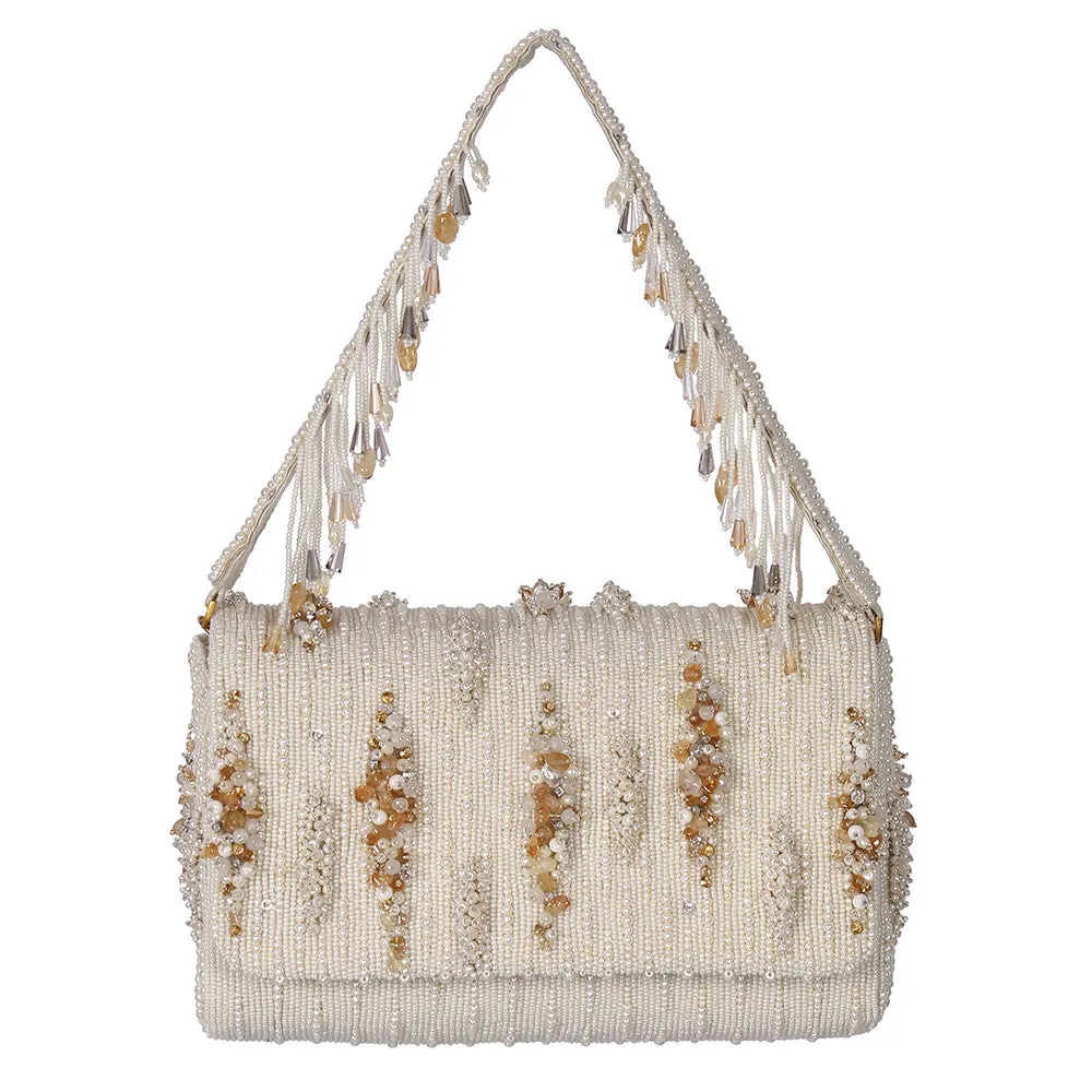 NORA FLAPOVER CLUTCH PRISTINE IVORY PEERLESS GOLD LUSTROUS SILVER WITH HANDLE