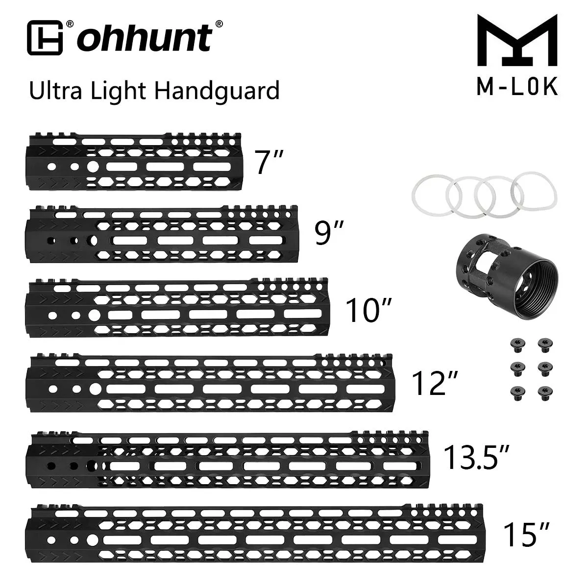 ohhunt® AR15 Slim lightweight Honeycomb M-lok Free Floating Handguard with Steel Barrel Nut 7" 9" 10" 12" 13.5" 15"