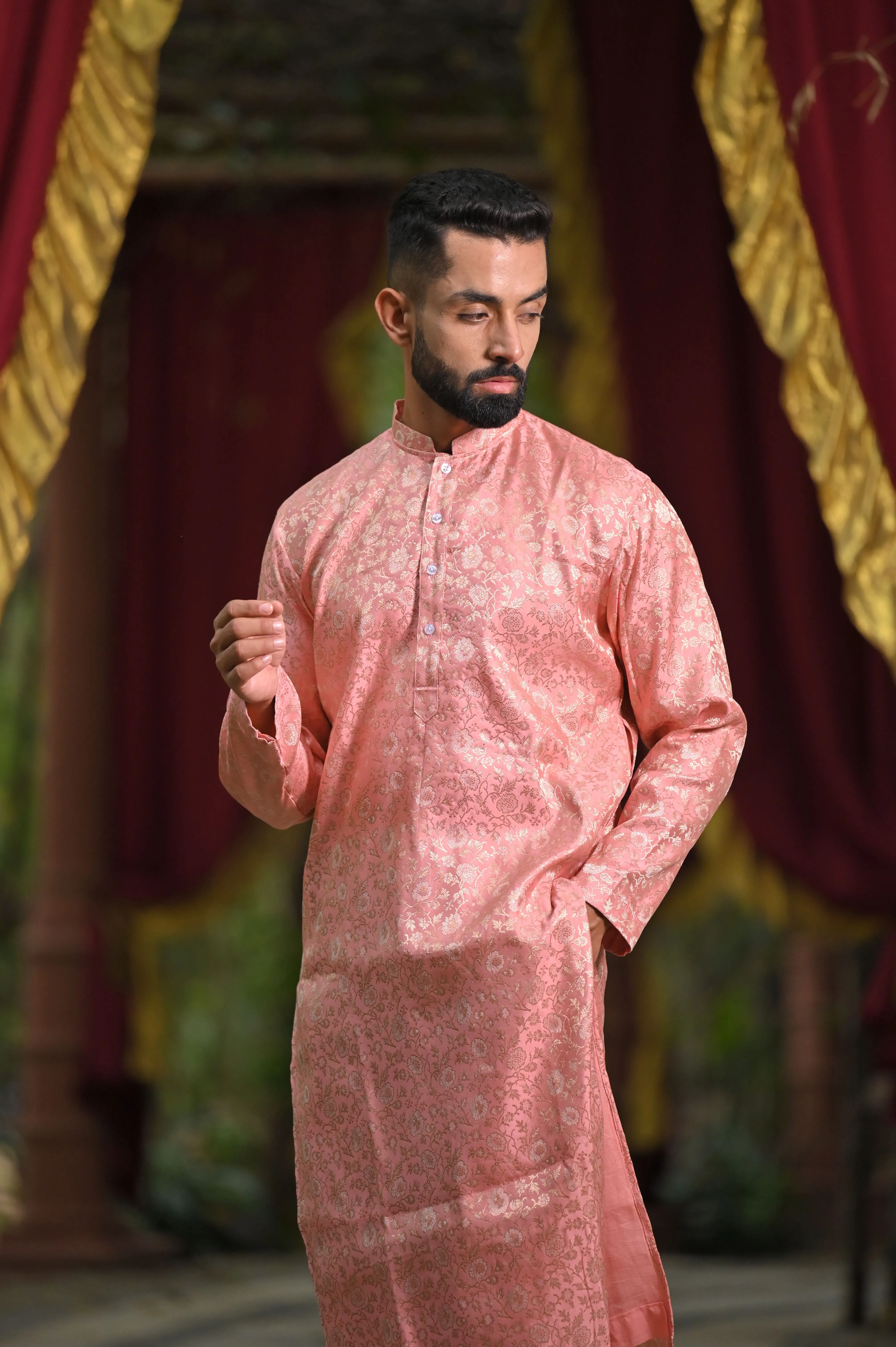 Peach Luster Brocade Kurta Pajama