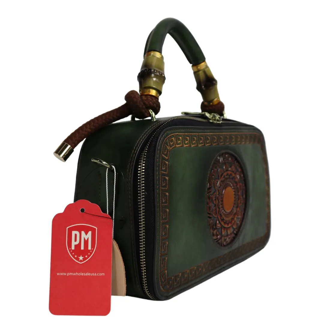 PMVIN_06 Retro Vintage Cowhide Leather Organizer Bamboo Handle Satchel Totem Leather Handbag Ladies