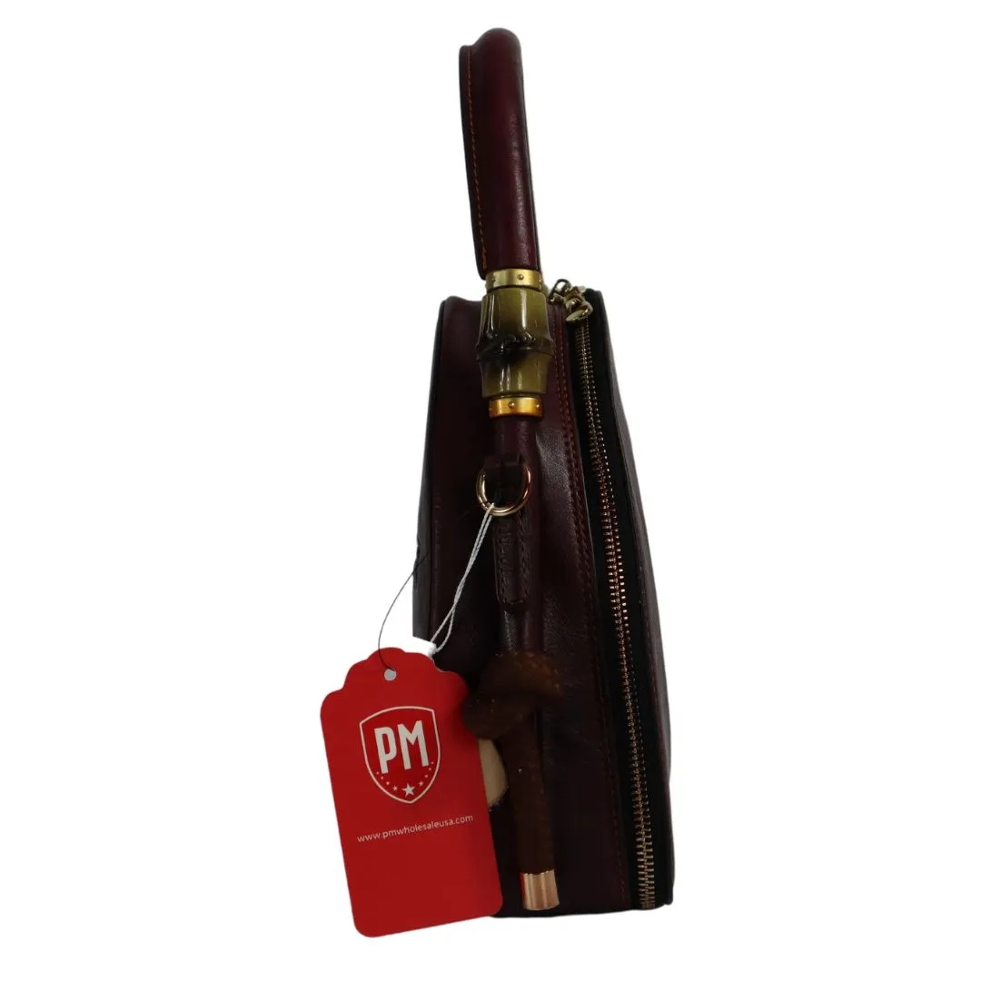 PMVIN_06 Retro Vintage Cowhide Leather Organizer Bamboo Handle Satchel Totem Leather Handbag Ladies