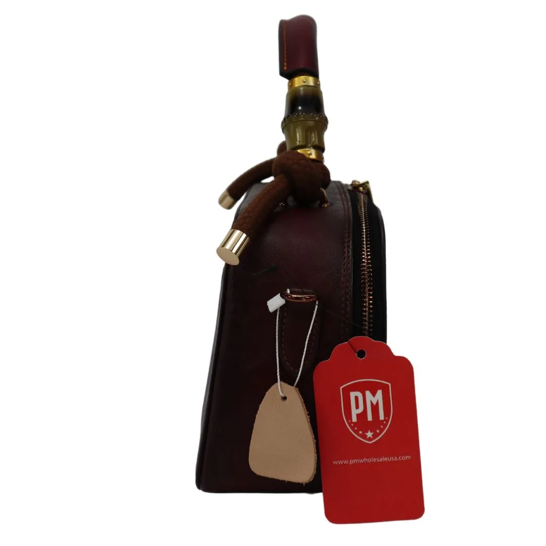 PMVIN_06 Retro Vintage Cowhide Leather Organizer Bamboo Handle Satchel Totem Leather Handbag Ladies