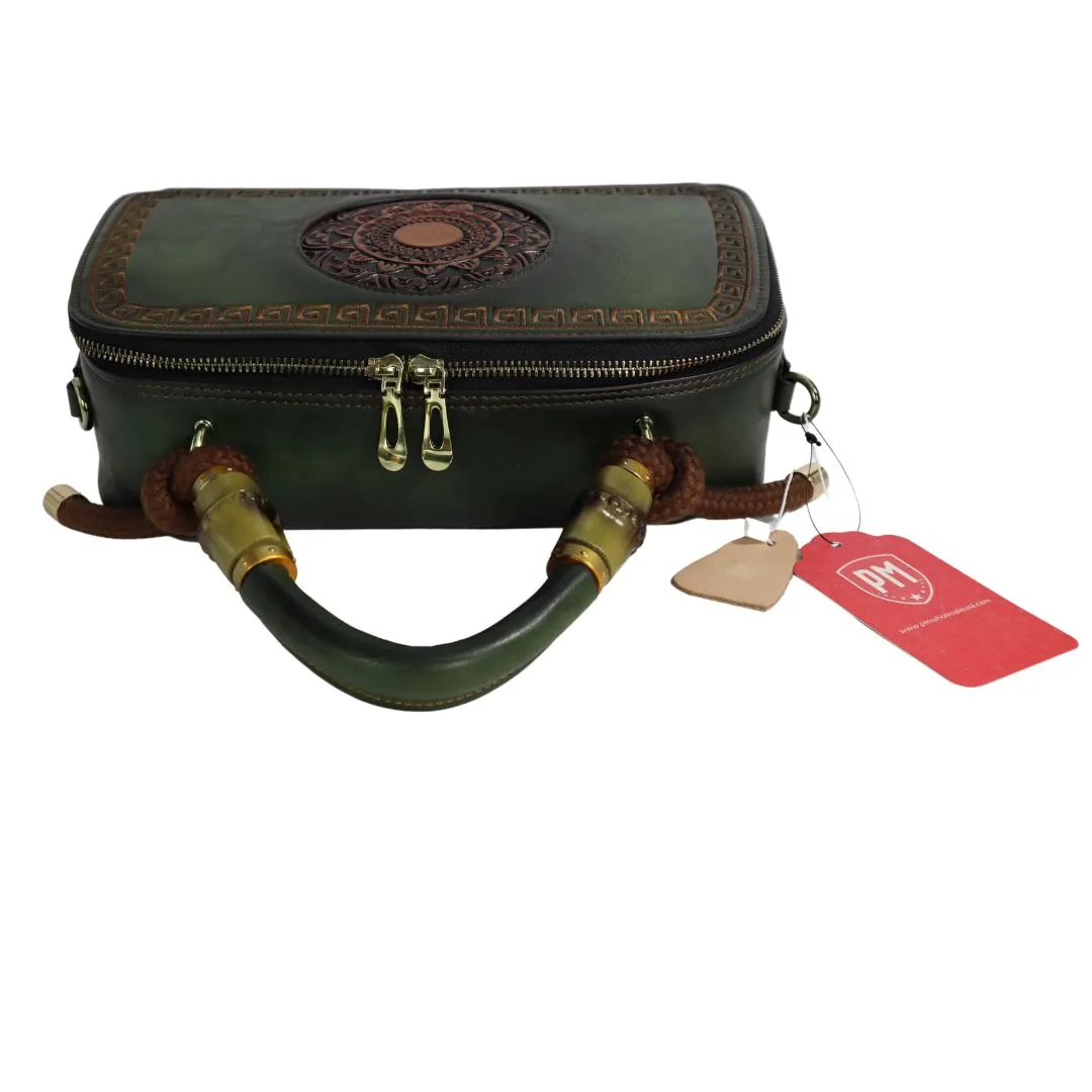 PMVIN_06 Retro Vintage Cowhide Leather Organizer Bamboo Handle Satchel Totem Leather Handbag Ladies