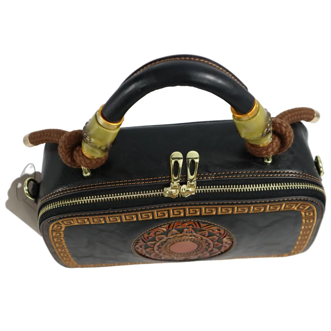 PMVIN_06 Retro Vintage Cowhide Leather Organizer Bamboo Handle Satchel Totem Leather Handbag Ladies