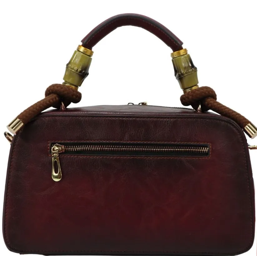 PMVIN_06 Retro Vintage Cowhide Leather Organizer Bamboo Handle Satchel Totem Leather Handbag Ladies