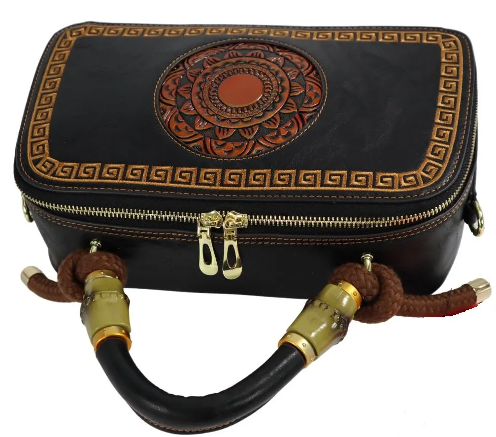 PMVIN_06 Retro Vintage Cowhide Leather Organizer Bamboo Handle Satchel Totem Leather Handbag Ladies