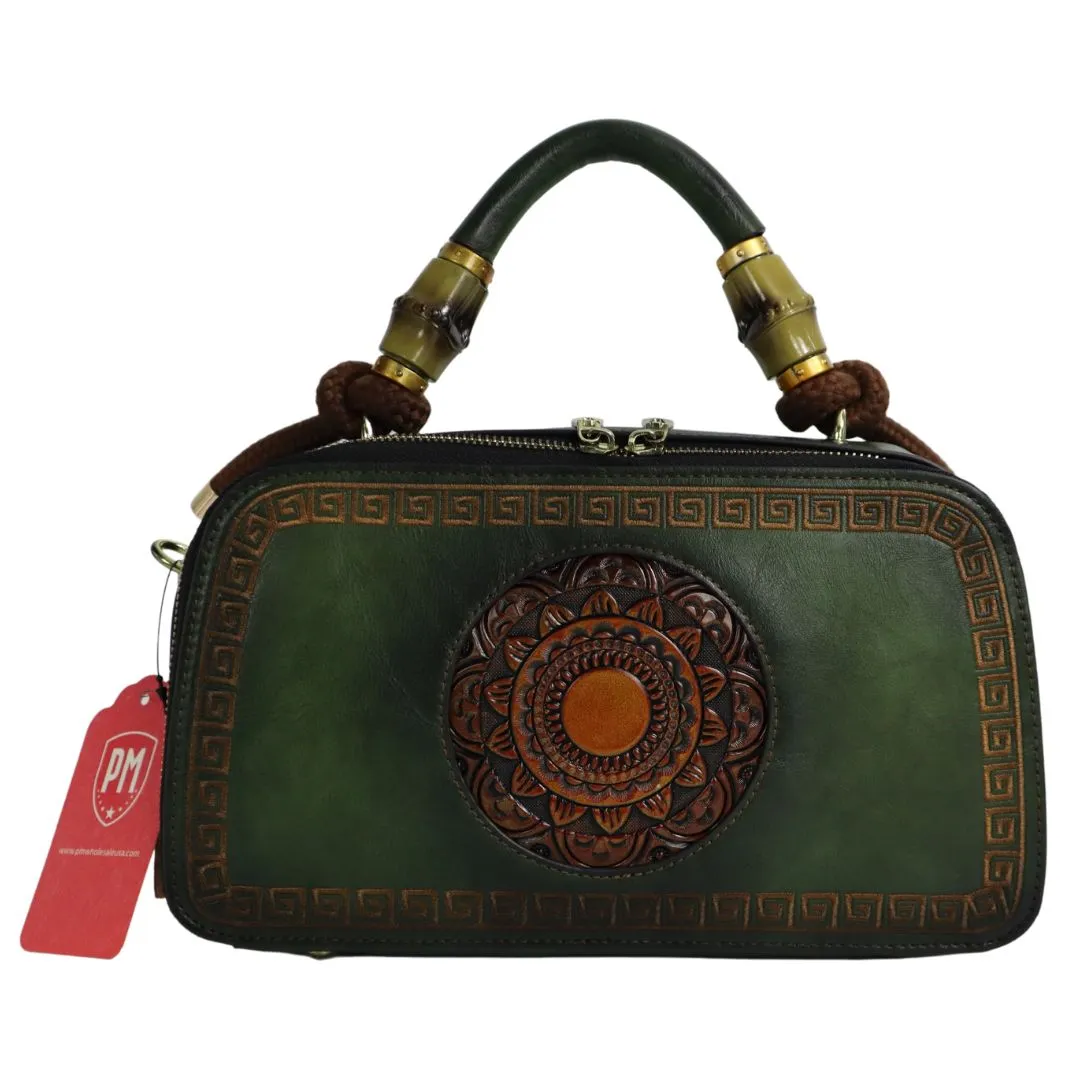 PMVIN_06 Retro Vintage Cowhide Leather Organizer Bamboo Handle Satchel Totem Leather Handbag Ladies