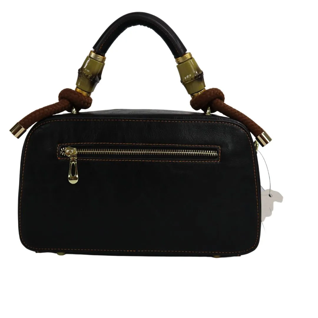 PMVIN_06 Retro Vintage Cowhide Leather Organizer Bamboo Handle Satchel Totem Leather Handbag Ladies