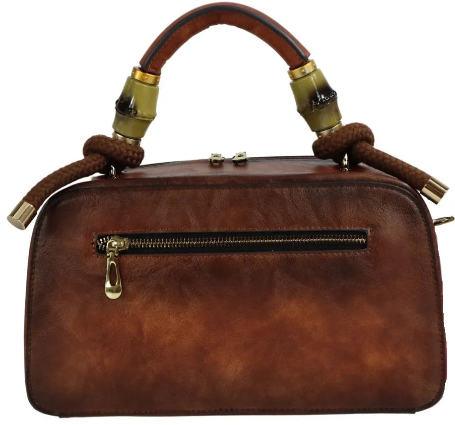 PMVIN_06 Retro Vintage Cowhide Leather Organizer Bamboo Handle Satchel Totem Leather Handbag Ladies