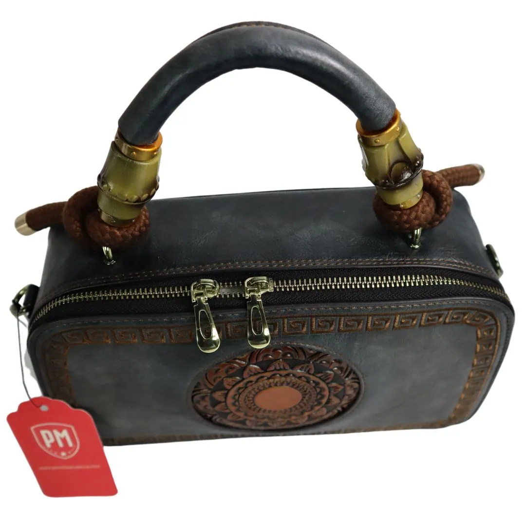 PMVIN_06 Retro Vintage Cowhide Leather Organizer Bamboo Handle Satchel Totem Leather Handbag Ladies