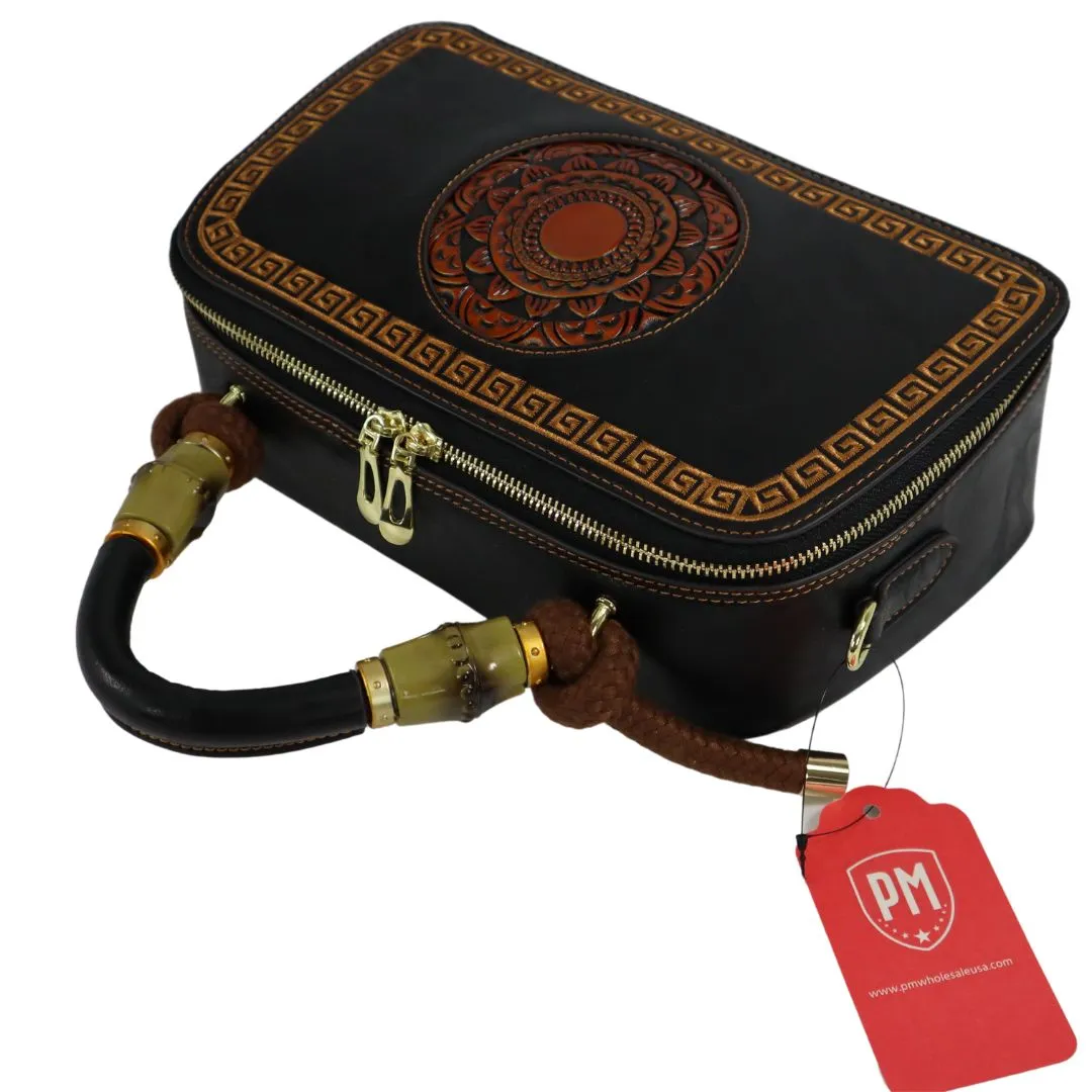 PMVIN_06 Retro Vintage Cowhide Leather Organizer Bamboo Handle Satchel Totem Leather Handbag Ladies