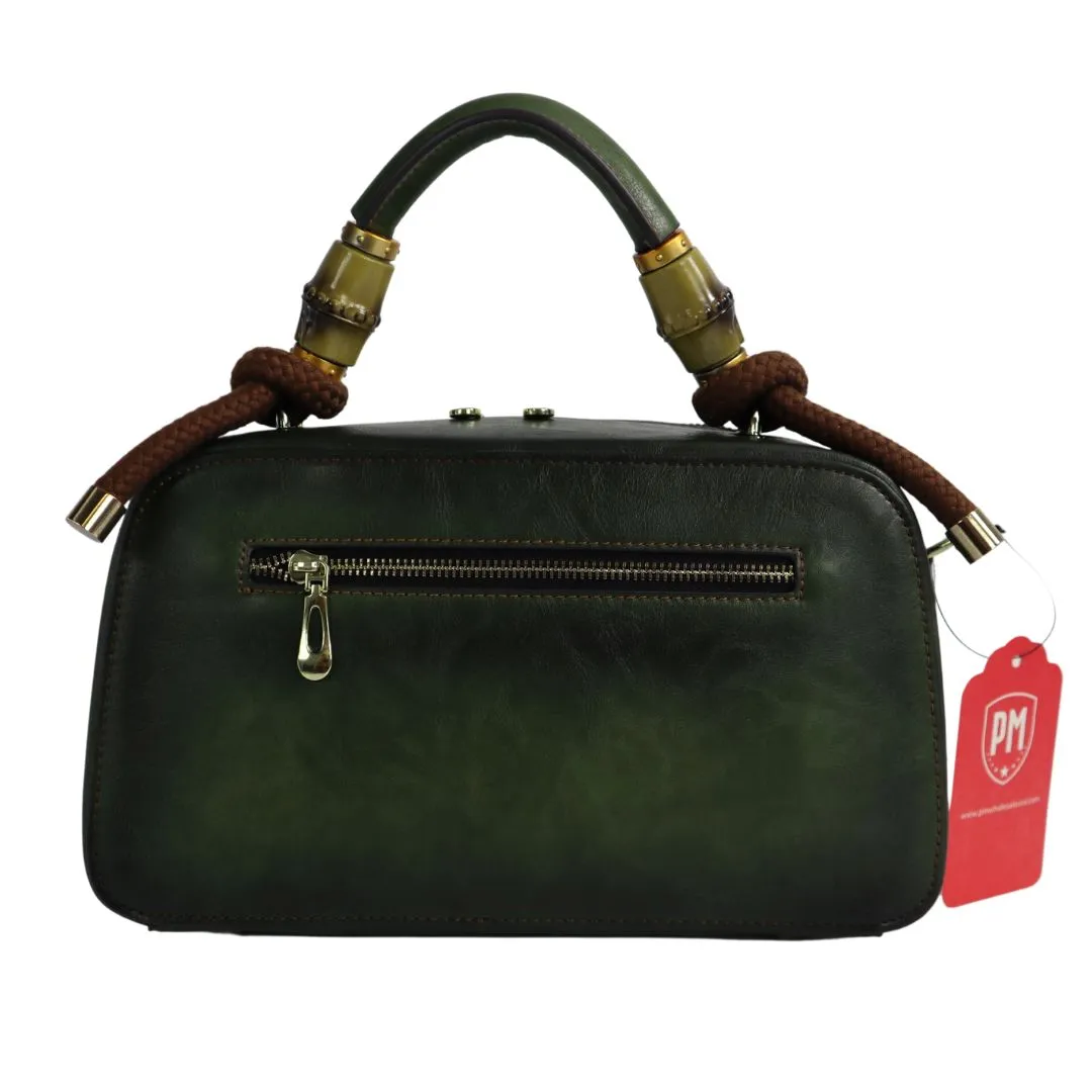 PMVIN_06 Retro Vintage Cowhide Leather Organizer Bamboo Handle Satchel Totem Leather Handbag Ladies