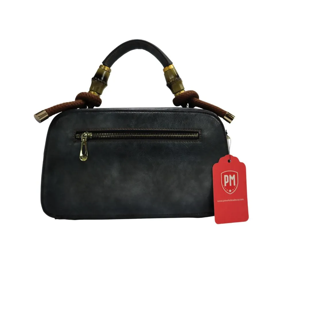 PMVIN_06 Retro Vintage Cowhide Leather Organizer Bamboo Handle Satchel Totem Leather Handbag Ladies