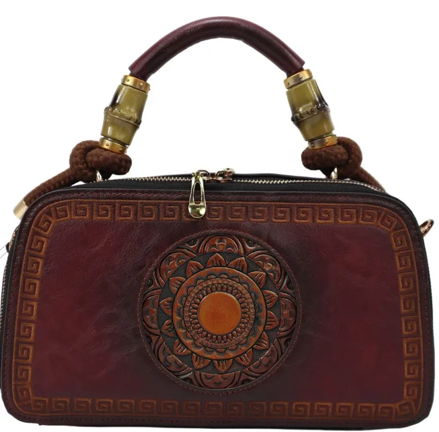 PMVIN_06 Retro Vintage Cowhide Leather Organizer Bamboo Handle Satchel Totem Leather Handbag Ladies
