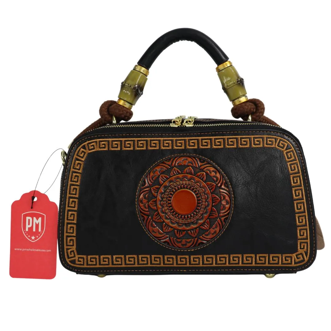 PMVIN_06 Retro Vintage Cowhide Leather Organizer Bamboo Handle Satchel Totem Leather Handbag Ladies