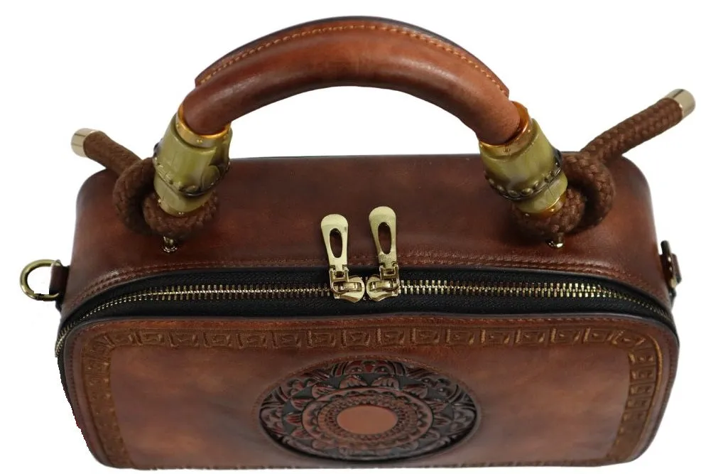 PMVIN_06 Retro Vintage Cowhide Leather Organizer Bamboo Handle Satchel Totem Leather Handbag Ladies