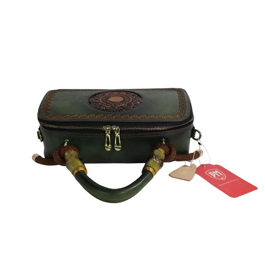 PMVIN_06 Retro Vintage Cowhide Leather Organizer Bamboo Handle Satchel Totem Leather Handbag Ladies