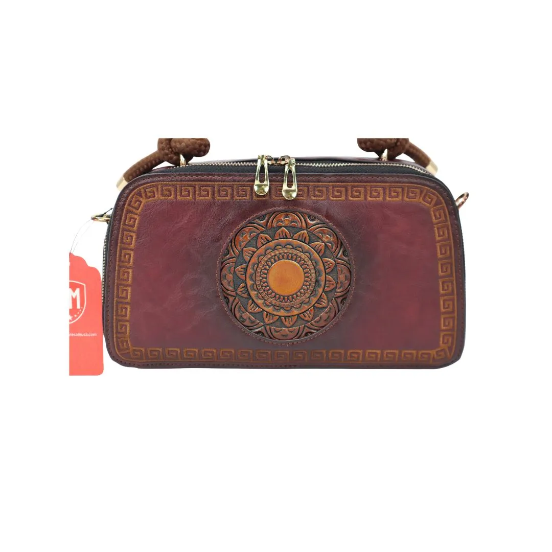 PMVIN_06 Retro Vintage Cowhide Leather Organizer Bamboo Handle Satchel Totem Leather Handbag Ladies