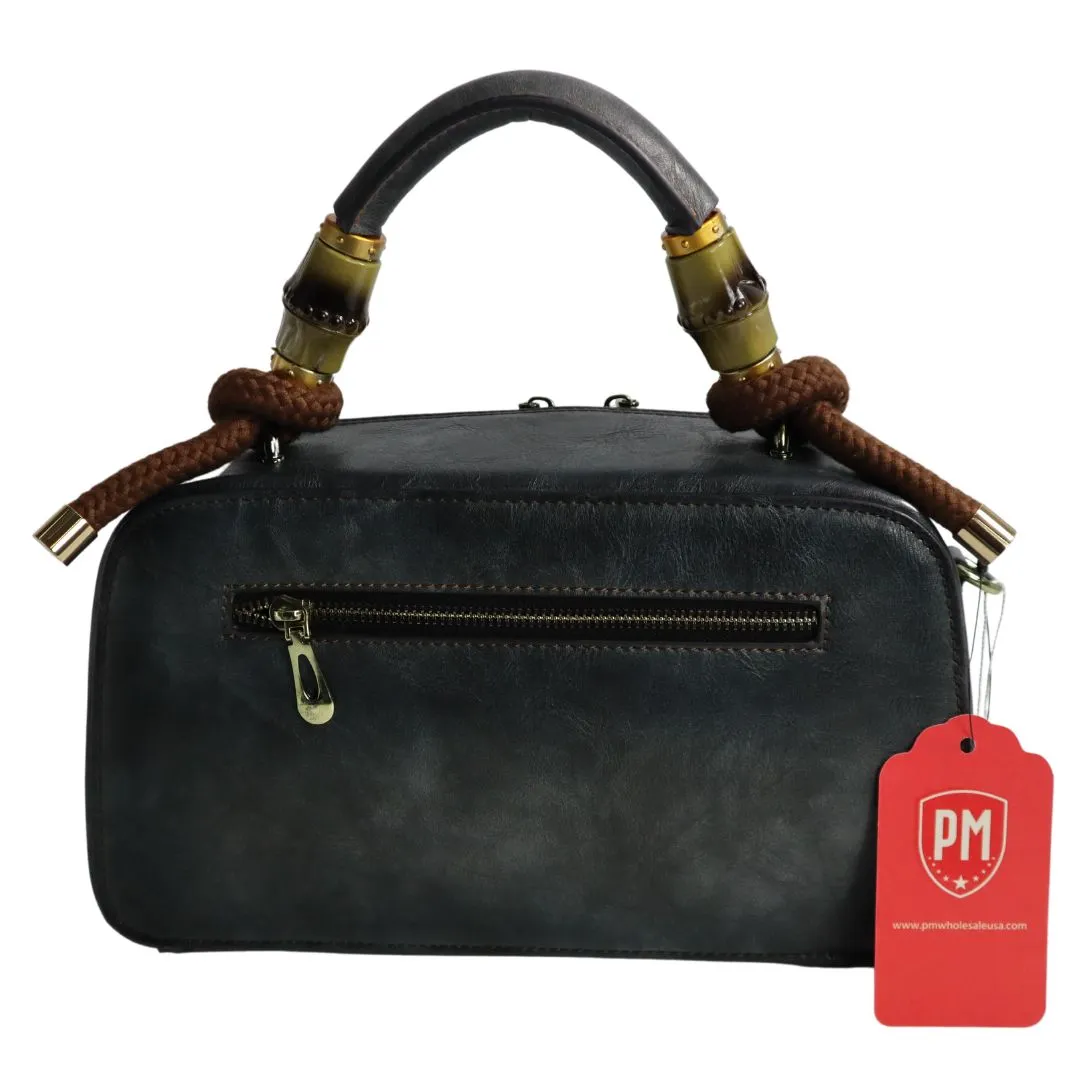 PMVIN_06 Retro Vintage Cowhide Leather Organizer Bamboo Handle Satchel Totem Leather Handbag Ladies