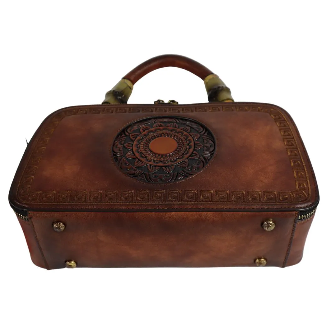 PMVIN_06 Retro Vintage Cowhide Leather Organizer Bamboo Handle Satchel Totem Leather Handbag Ladies