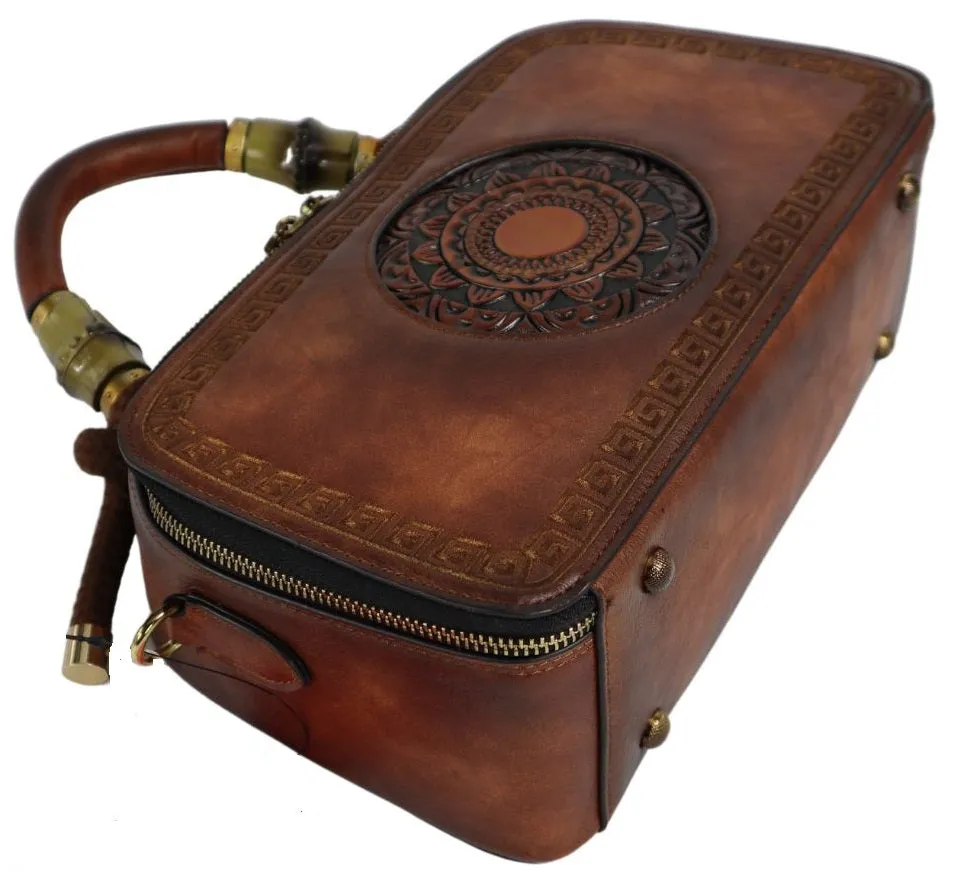 PMVIN_06 Retro Vintage Cowhide Leather Organizer Bamboo Handle Satchel Totem Leather Handbag Ladies