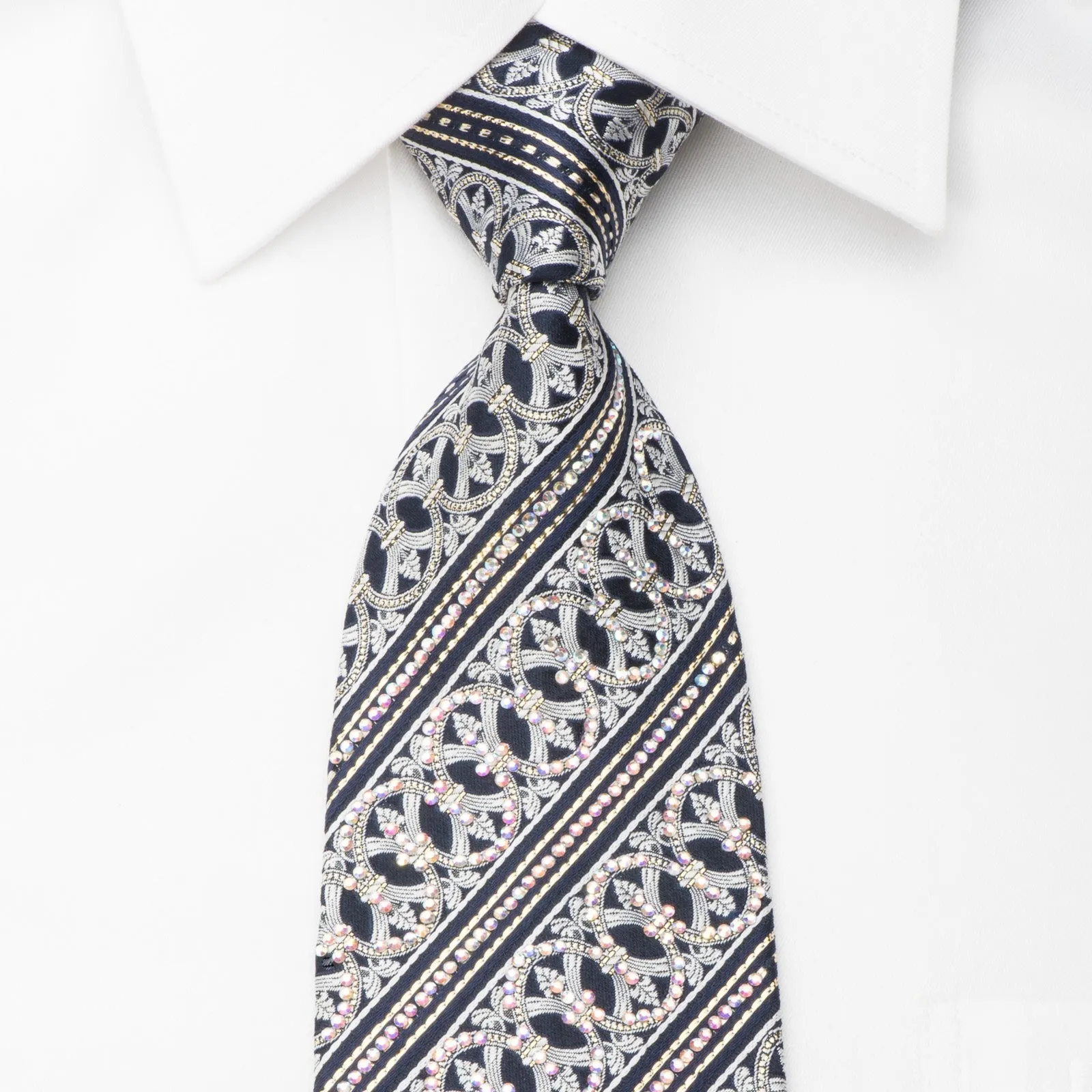 Premierlux Mens Rhinestone Silk Necktie Silver Cartouche On Navy With Sparkles