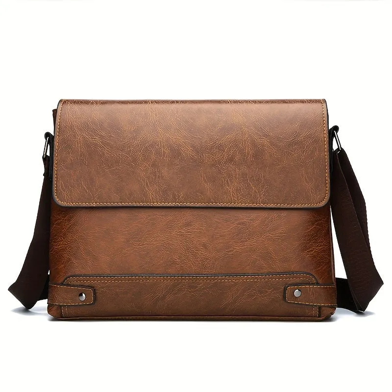 realaiot  Men's Fashion Vintage Crossbody Bag, Leather Shoulder Bag For Travel Work, Briefcase Business Bag