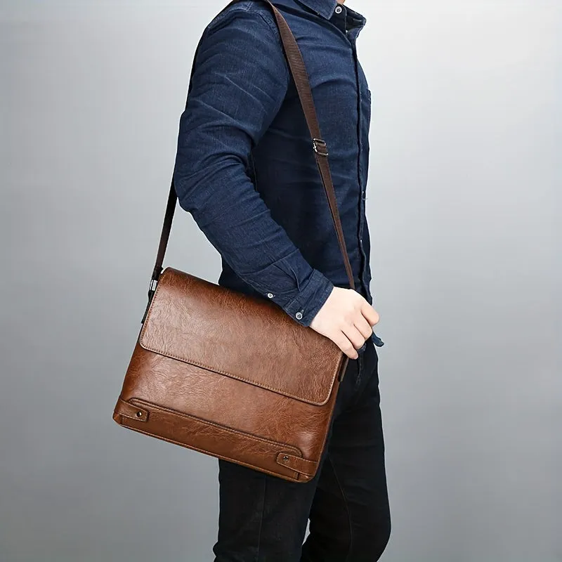realaiot  Men's Fashion Vintage Crossbody Bag, Leather Shoulder Bag For Travel Work, Briefcase Business Bag