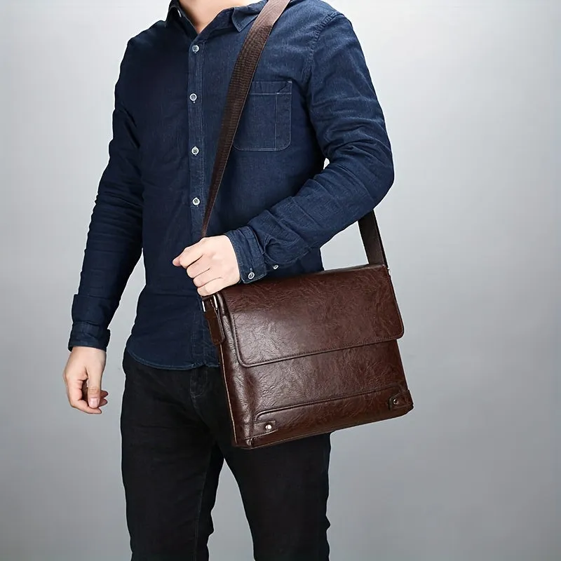 realaiot  Men's Fashion Vintage Crossbody Bag, Leather Shoulder Bag For Travel Work, Briefcase Business Bag