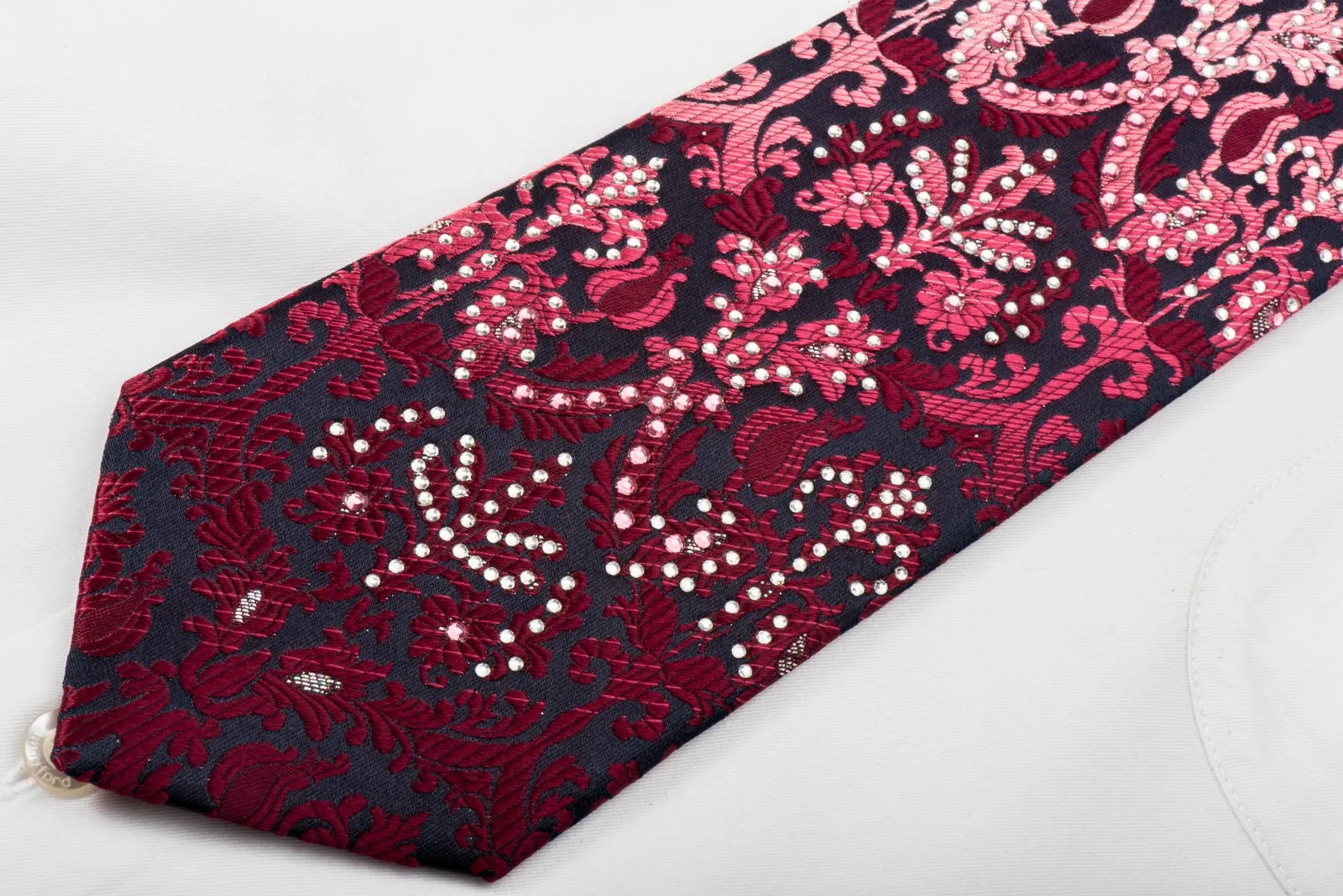 Remizio Rhinestone Silk Necktie Burgundy Damask On Navy Blue With Silver Sparkles