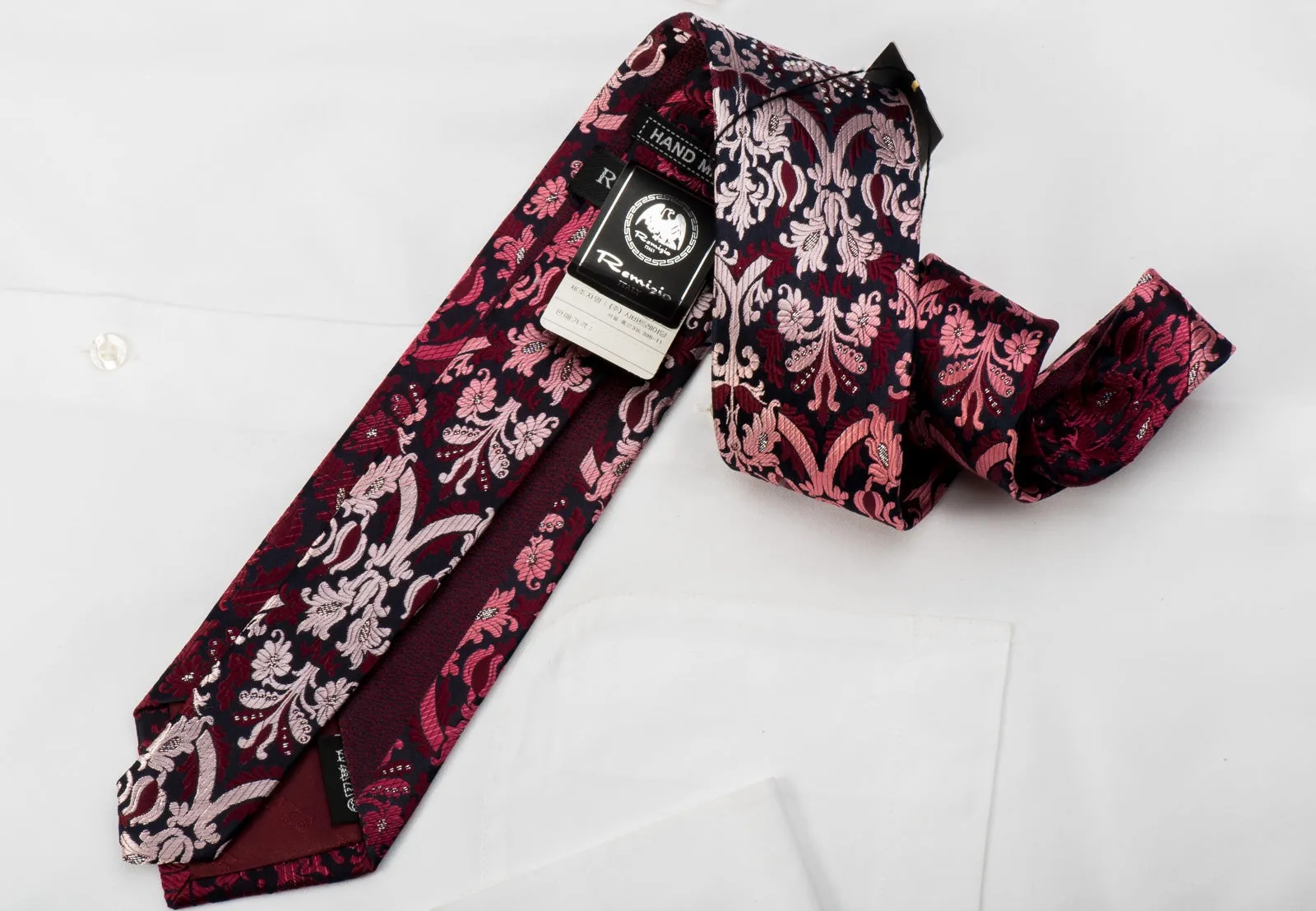Remizio Rhinestone Silk Necktie Burgundy Damask On Navy Blue With Silver Sparkles