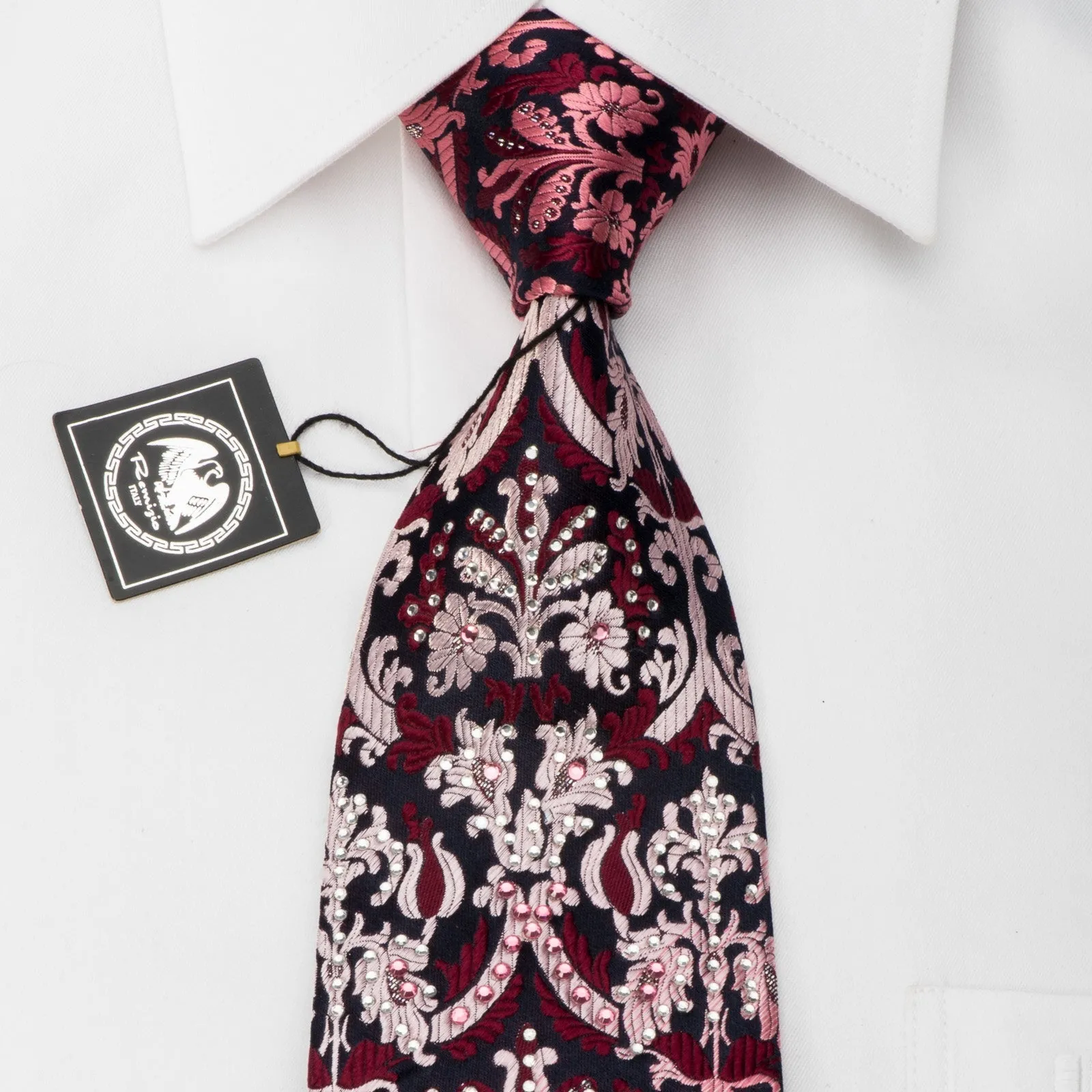 Remizio Rhinestone Silk Necktie Burgundy Damask On Navy Blue With Silver Sparkles