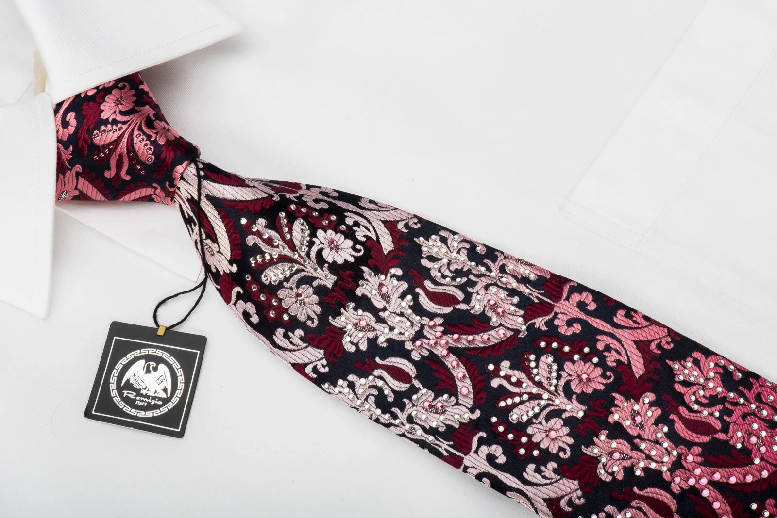 Remizio Rhinestone Silk Necktie Burgundy Damask On Navy Blue With Silver Sparkles