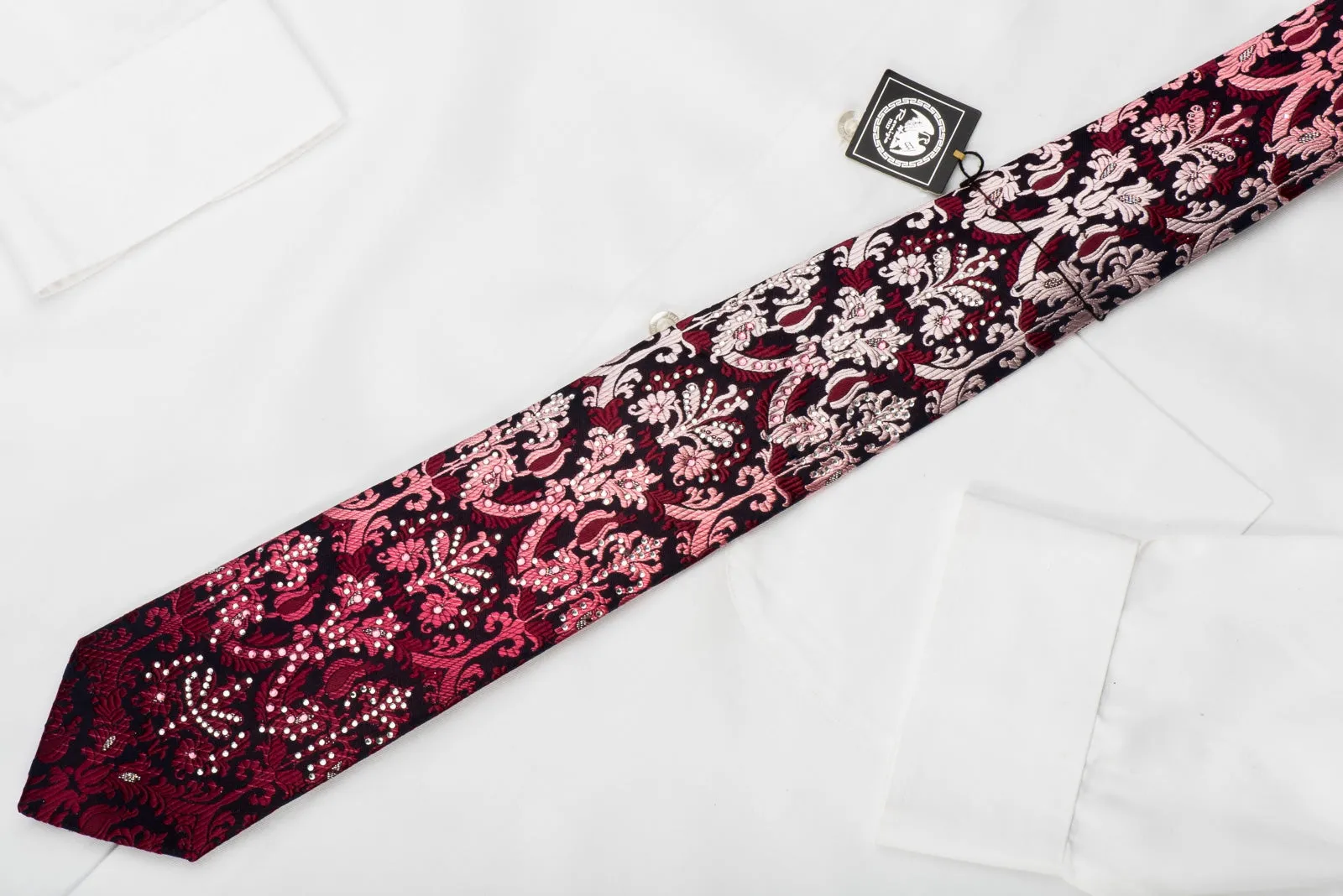 Remizio Rhinestone Silk Necktie Burgundy Damask On Navy Blue With Silver Sparkles