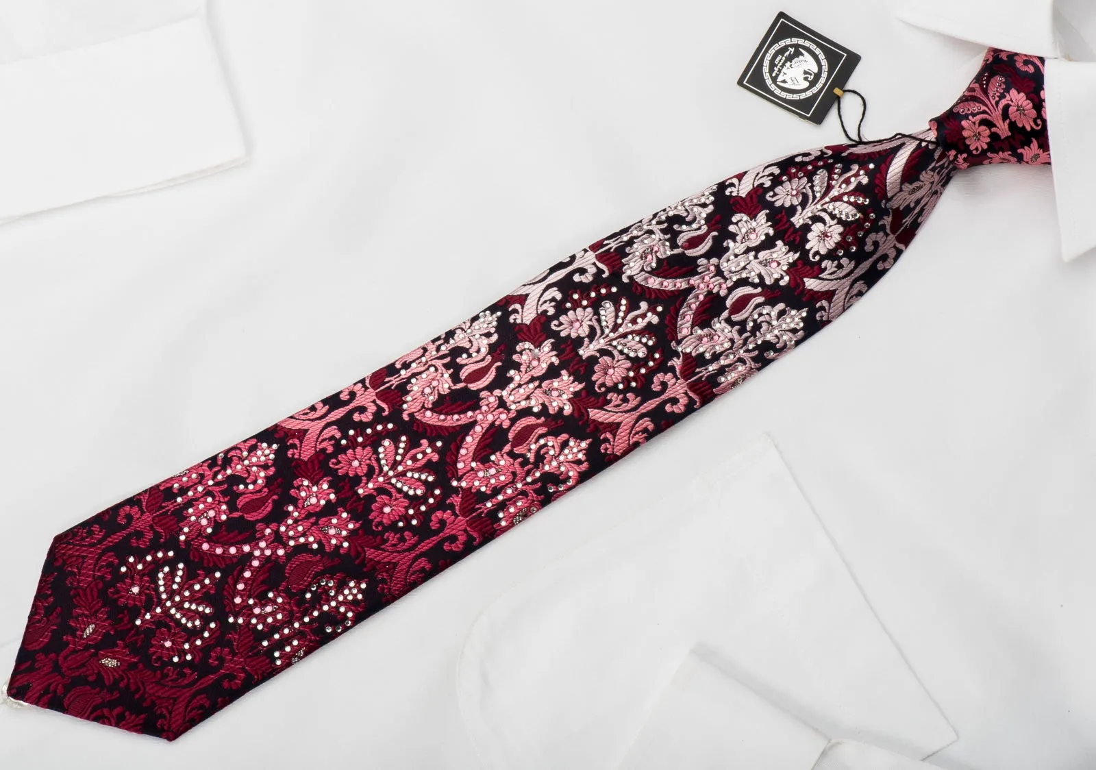 Remizio Rhinestone Silk Necktie Burgundy Damask On Navy Blue With Silver Sparkles