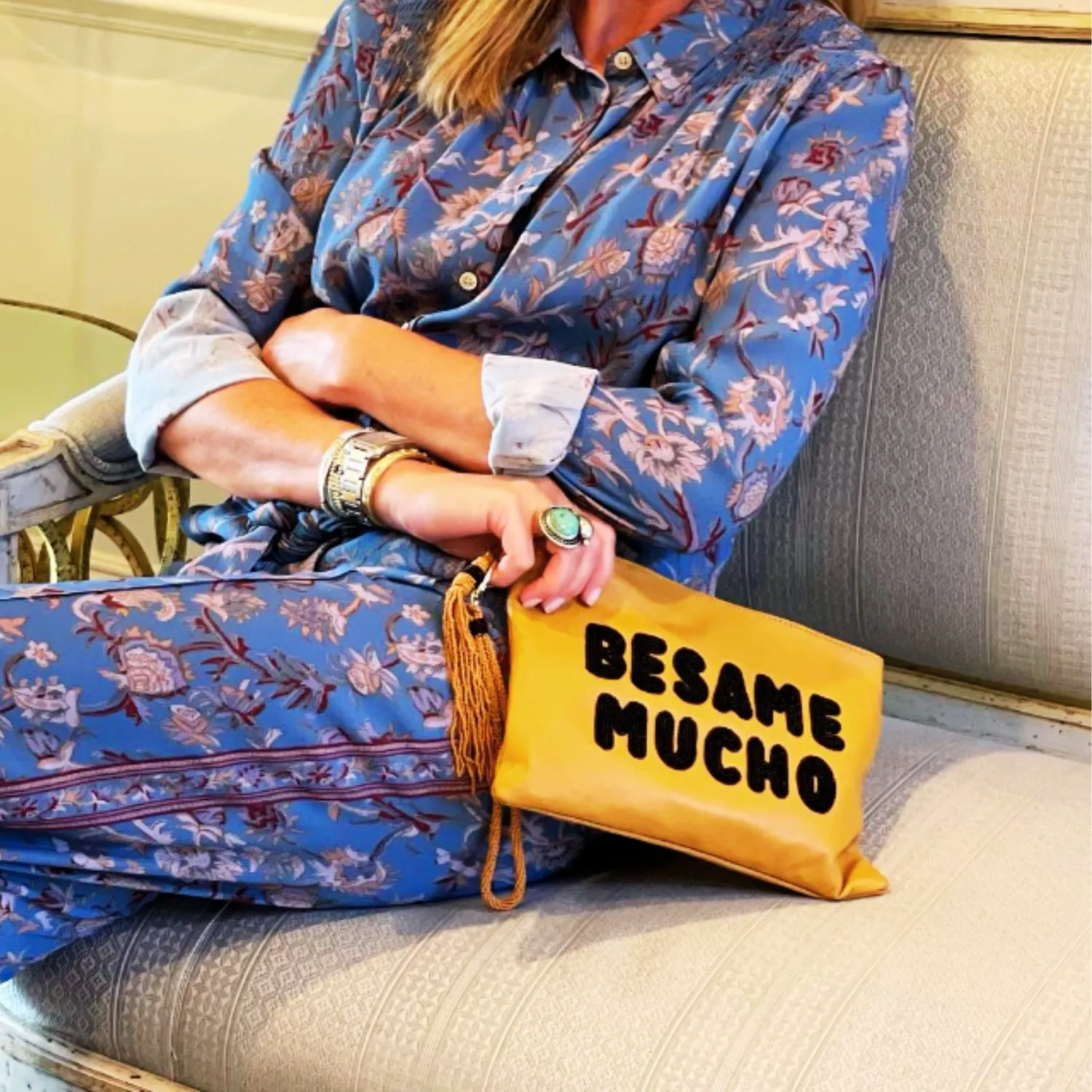 Sidney Byron Leather Bag With "Besame Mucho" Beading, Honey