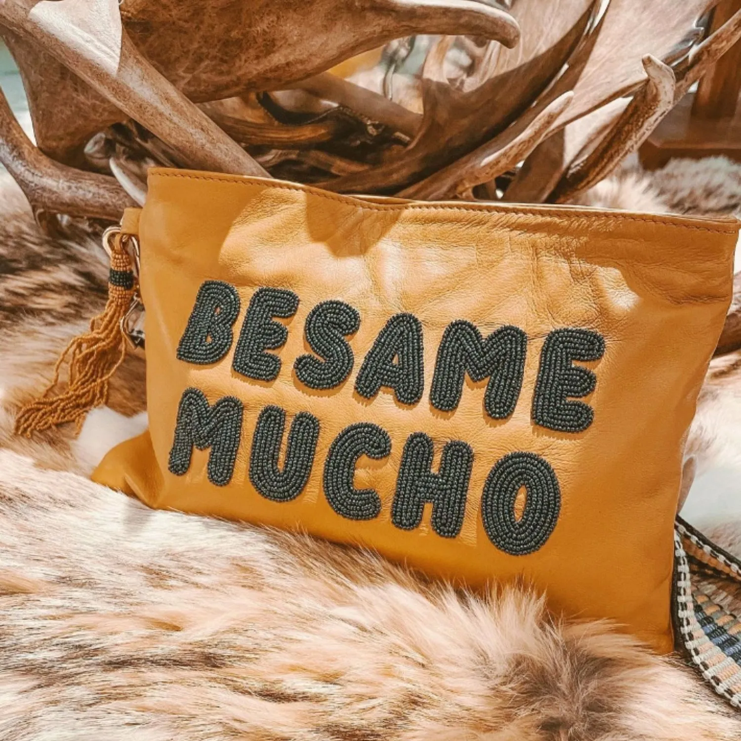 Sidney Byron Leather Bag With "Besame Mucho" Beading, Honey