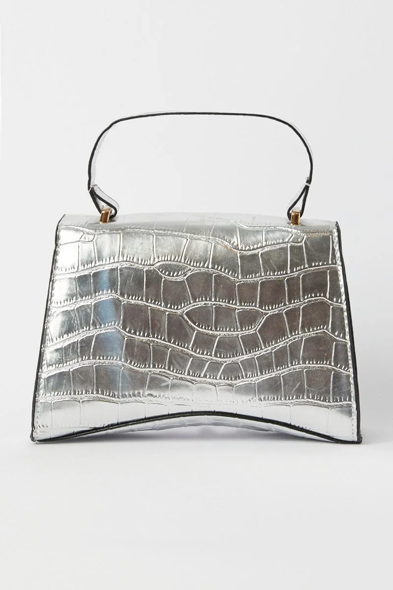 Silver Croc Top Handle Crossbody Bag