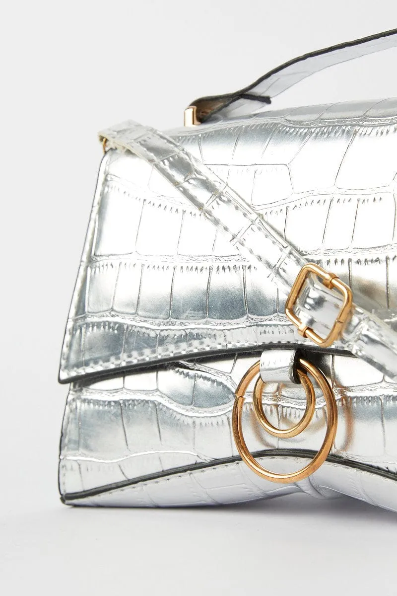 Silver Croc Top Handle Crossbody Bag