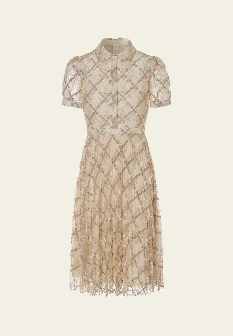 Straight-point Collar Puff-sleeve Checked Mesh Dress