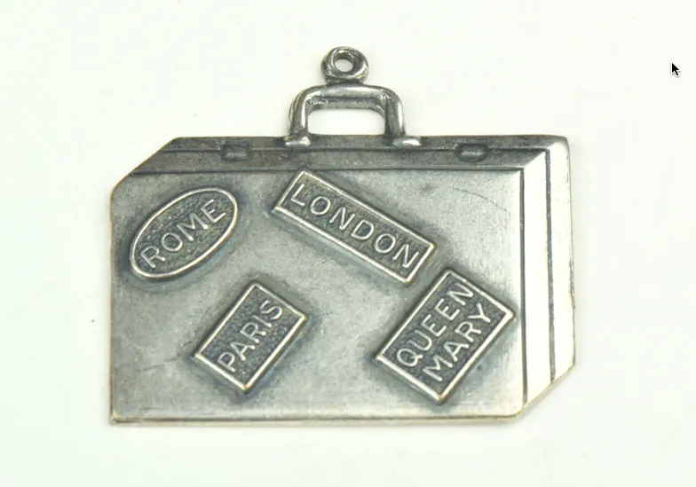 Suitcase charm stamped brass plated antique silver , sold 3 each