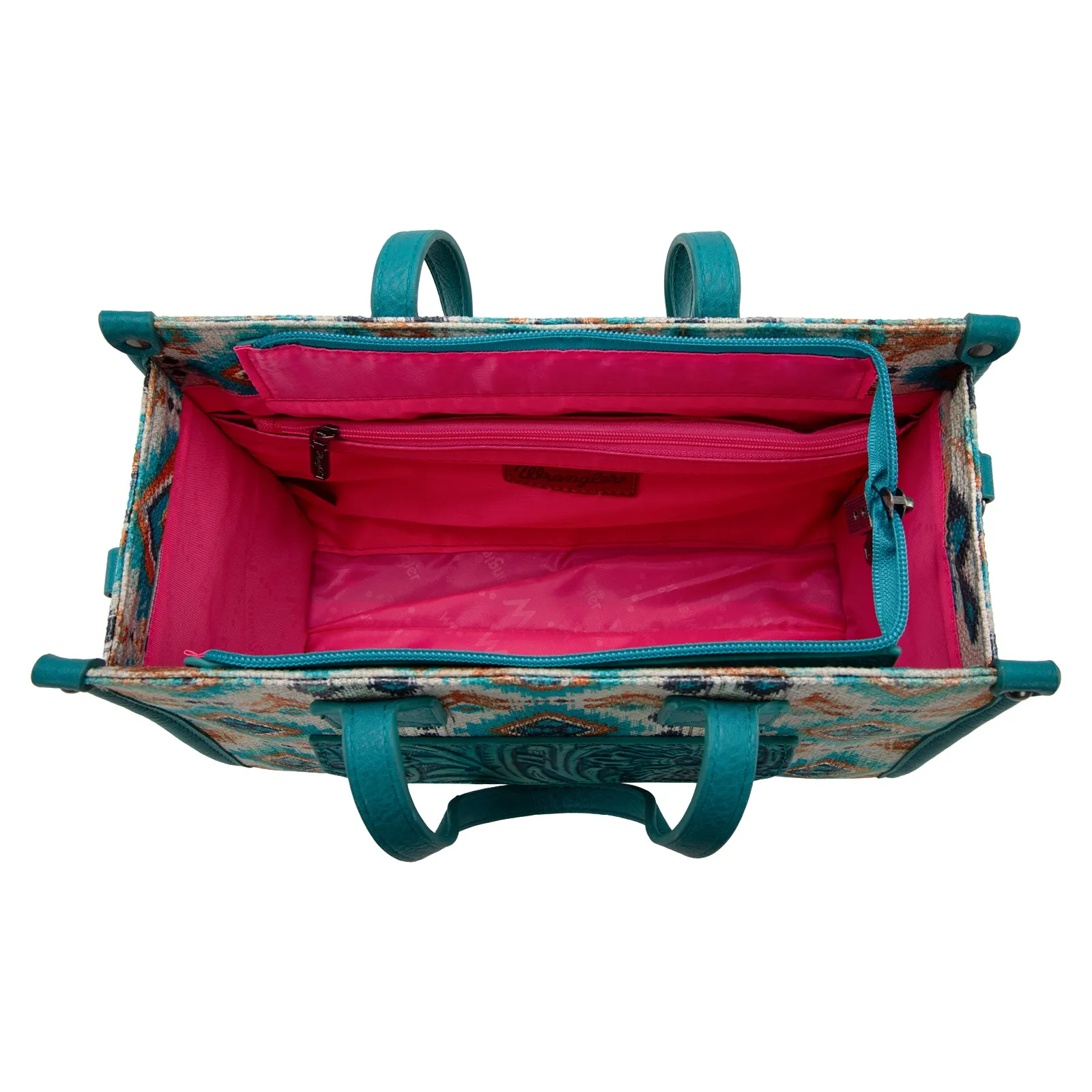 WG130-8120S   Wrangler Southwestern Pattern Dual Sided Print Concealed Carry Tote//Crossbody - Turquoise