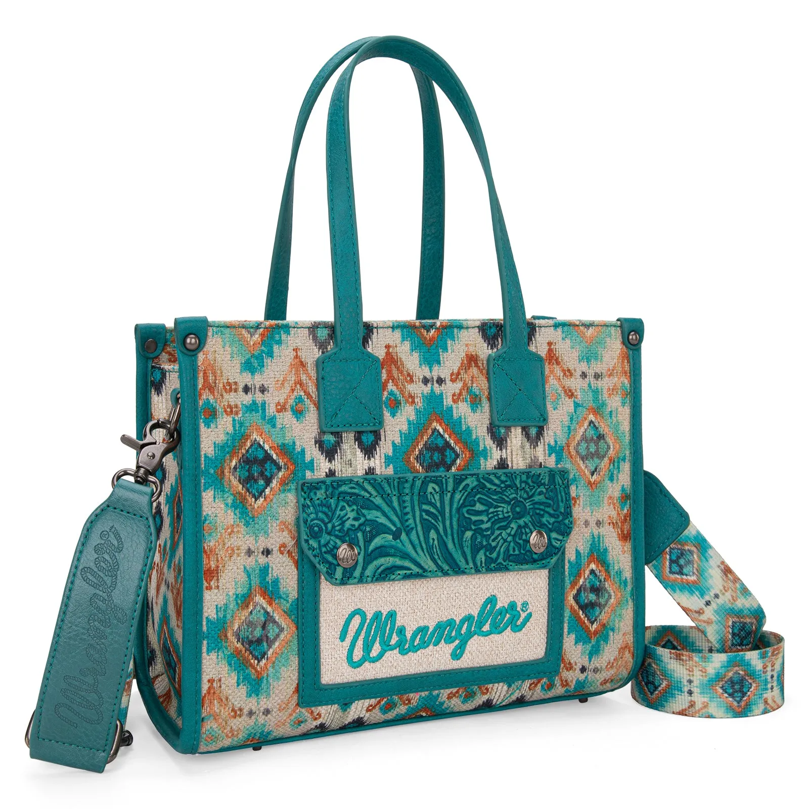 WG130-8120S   Wrangler Southwestern Pattern Dual Sided Print Concealed Carry Tote//Crossbody - Turquoise