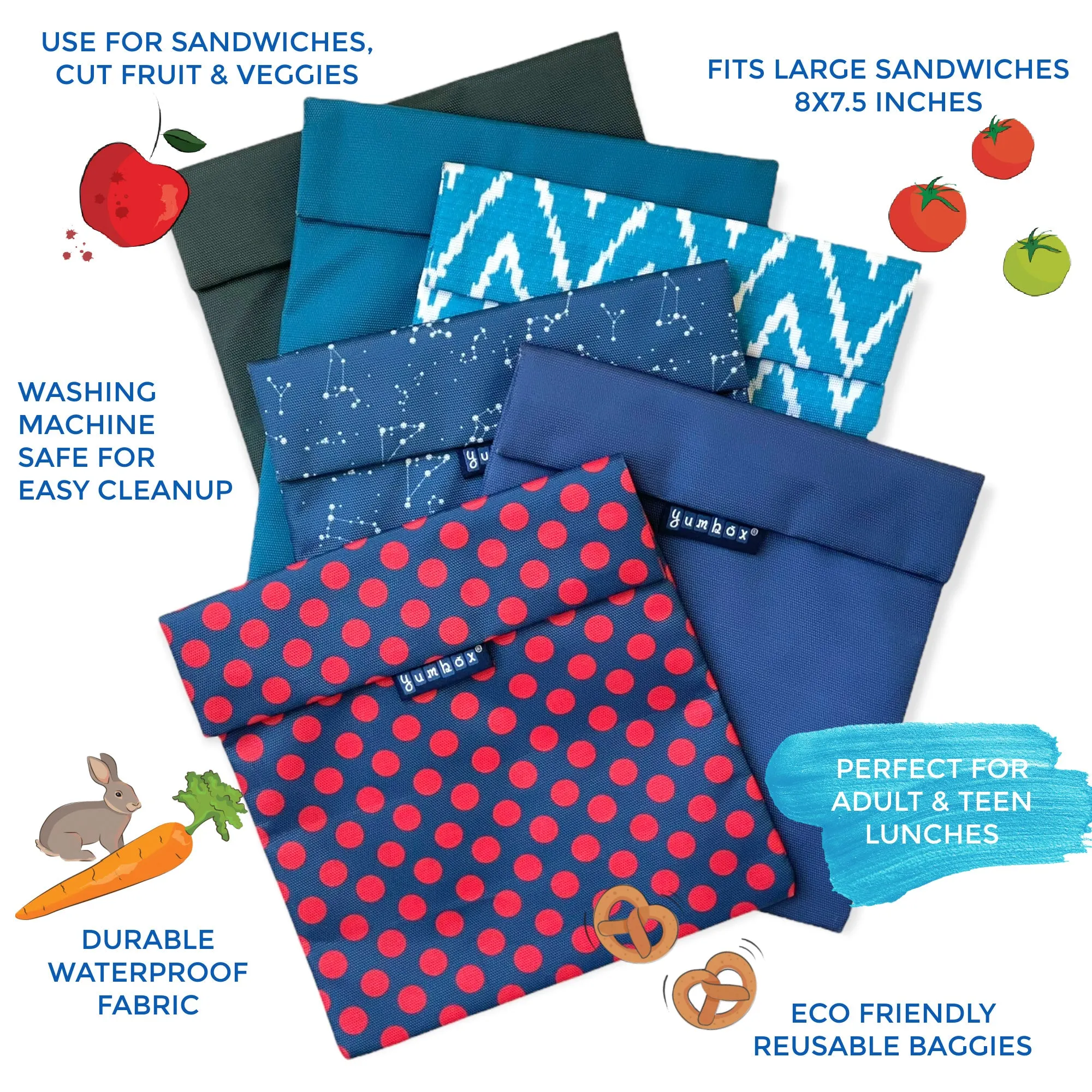 Yumbox Sandwich Bag/Snack Bag, Reusable Fabric, Washable, Food Safe, BPA Free, 8 x 7.5in (Starry Sky)